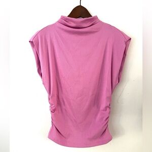 Michael Stars Amara Power Shoulder Tee Ruched Ribbed Pink Top w/ High Collar Med